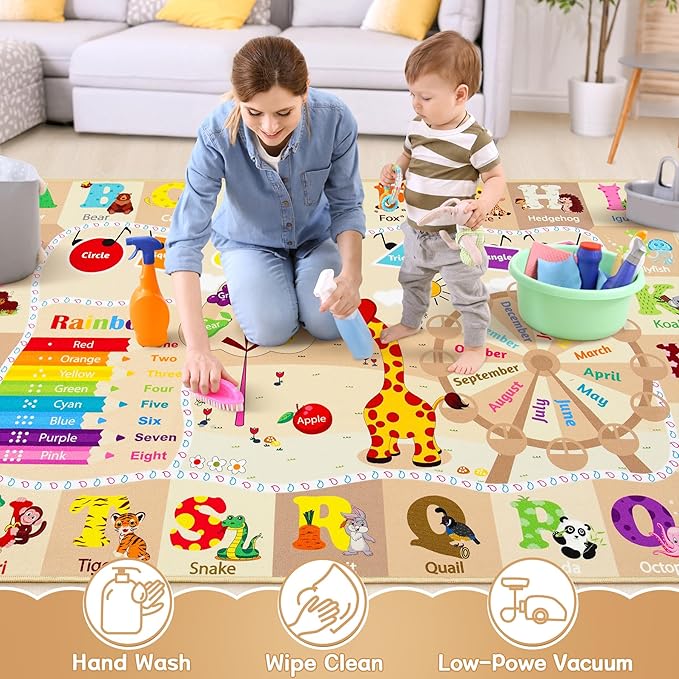 Chicrug Educational Kid Area Rug for Playroom, 6x9 Feet TPR Non Slip Kids Classroom Carpet Rug for Learning ABC Animal, Shape Color Fruit, Washable Play Mat Rug for Children Nursery Toddler Room Decor