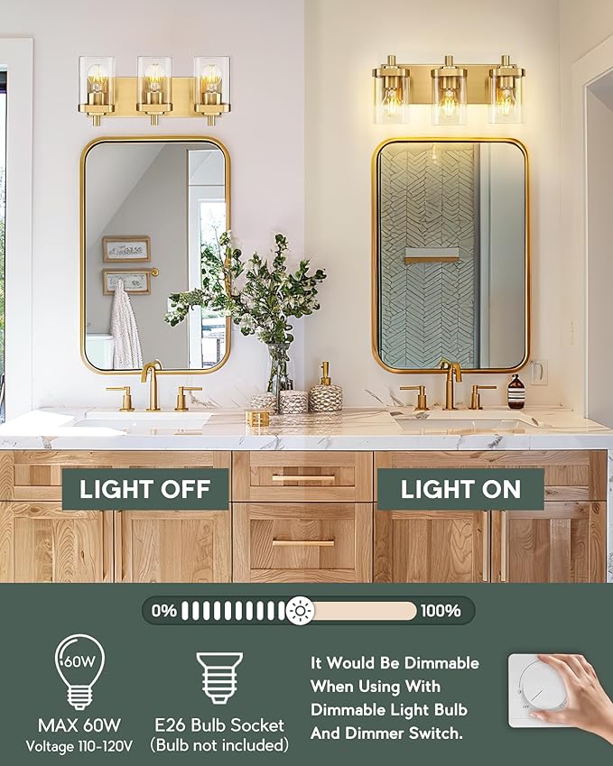 Bathroom Light Fixtures Over Mirror, 3-Light Brushed Gold Vanity Light with Square Clear Glass Shade, Modern Wall Sconces, Vanity Lighting Fixtures, VL194-BG-3