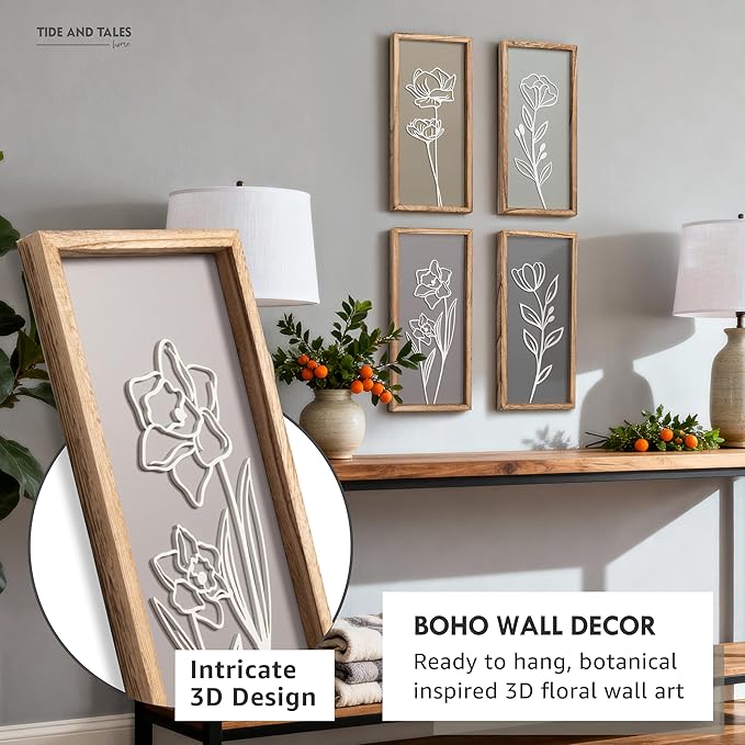 3D Wooden Floral Bathroom Wall Decor (Set of 4) Lightweight, Ready-to-Hang Framed Wall Art For Living Room, Bedroom, or Office - Premium Boho Botanical Farmhouse Decorations - Gift-Boxed