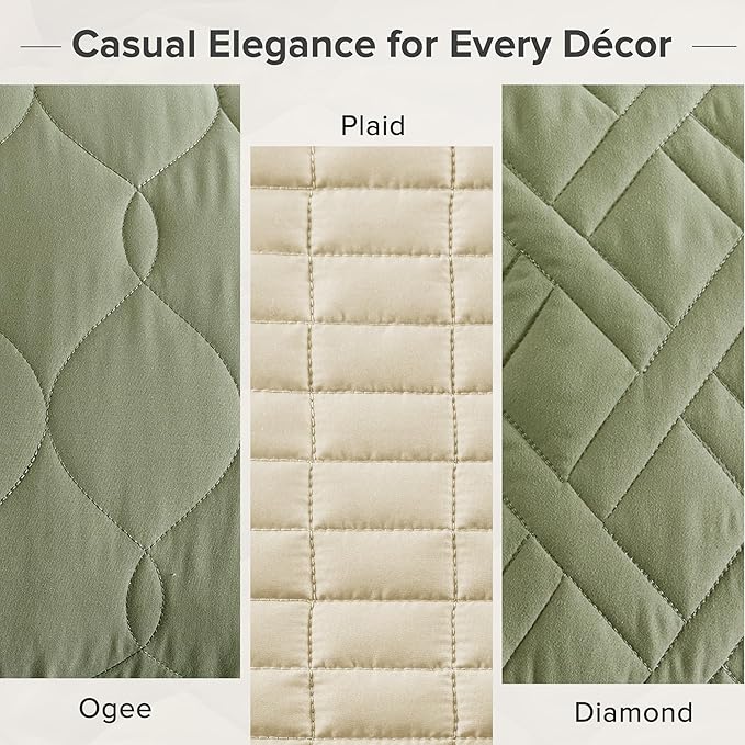 Comfort Spaces Twin Quilt Set Modern Reversible Ogee Coverlet Twin Bedding Set Cozy Quilted Winter Layer, All Season Lightweight Soft Twin Size Quilt, Kienna, Twin/Twin XL Olive Green 2 Piece