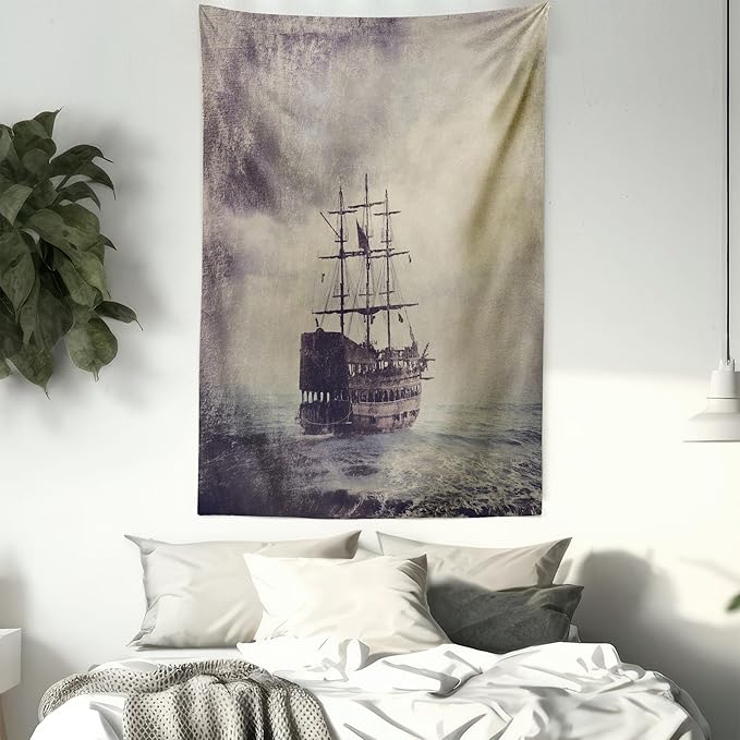 Ambesonne Nautical Tapestry, Old Pirate Ship in the Sea Historical Cruise Retro Voyage Grunge Style Art, Fabric Wall Hanging Decor for Bedroom Living Room Dorm, 23" X 28", Tan Plum