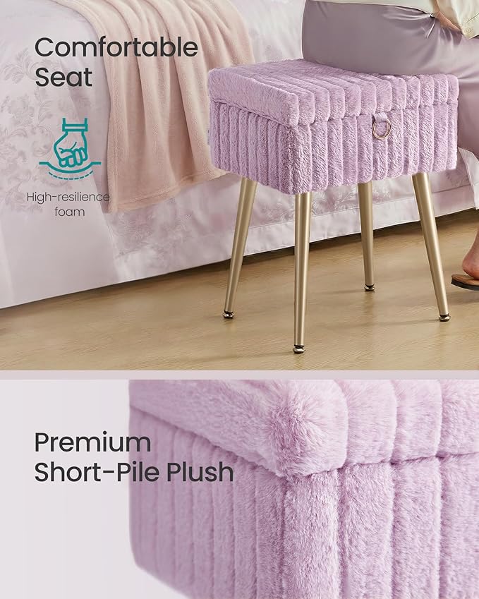 SONGMICS Vanity Stool Chair with Storage, Makeup Stool, Footrest Footstool Ottoman, Metal Legs, Adjustable Feet, for Living Room, Bedroom, Makeup Room, Light Lilac ULOM505PZ02