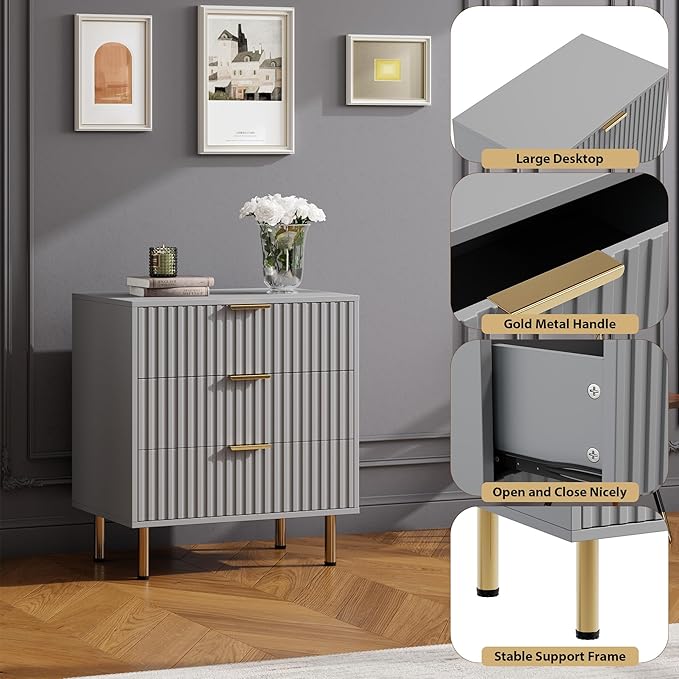 GarveeHome 3 Drawer Dresser for Bedroom, Fluted Modern Nightstand with Deep Drawers, Chest of Drawers with Wide Top, Wooden Dresser Organizer, Side Table for Living Room, Hallway, Kids Room, Grey