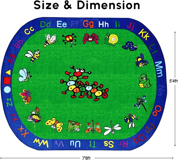 SAFECASTLE Kids Carpet Kritters Alphabet Rug 5'4" x 7'8"– Colorful Oval Educational Area Rug with Letters, Numbers & Insects, Learning Carpet for Toddlers, Preschool, Classroom, Daycare & Playroom