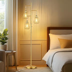 QiMH Industrial Floor Lamps for Living Room, Tree Standing Lamp with Stepless Dimmable, 68" Modern Tall Lamps for Bedroom Study Home Office, Rotary Switch, 3 LED Bulb Included, Gold