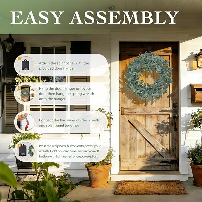 Solar Spring Wreath for Front Door 18in 30LED Pre-lit Spring Summer Greenery Wreaths Artificial Green Eucalyptus Leaf Wreath Home Decor Boxwood for Farmhouse Outside Fall All Seasons