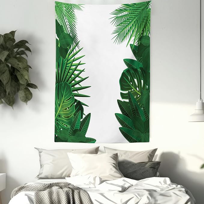 Ambesonne Leaf Tapestry Twin Size, Exotic Fantasy Hawaiian Tropical Palm Leaves Floral Graphic Art Print, Wall Hanging Bedspread Bed Cover Wall Decor, 68" X 88", Green White