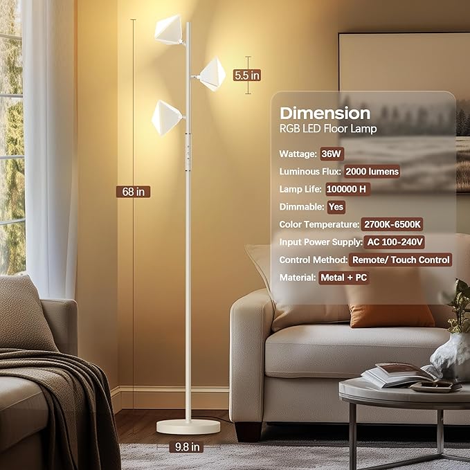 36W RGBCW Floor Lamp, Color Changing LED Tree Floor Lamp, Stepless Dimmable Tall Standing Lamp with Remote & Touch Control, 2700K-6500K Modern Floor Lamps for Living Room, Bedroom, Gaming Room - White
