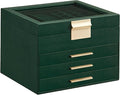 SONGMICS GISELLA Collection - Jewelry Box Organizer, 4-Layer Jewelry Storage with 3 Drawers, Shiny Metal Hardware, Glass Lid, Modern, 8 x 9.1 x 6.5 Inches, Forest Green and Gold Color UJBC173C01