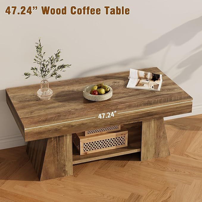 Tohomeor Coffee Table, 47.24" Farmhouse Wooden Rectangular Accent Center Tables with Storage Shelf Thick Base for Living Room, Home Office, Retro Brown