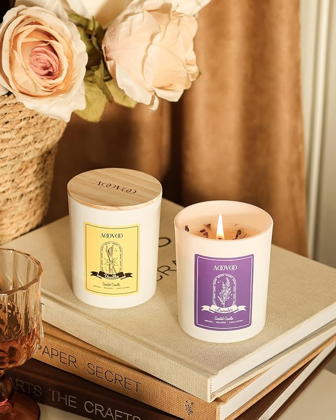 AOOVOO Lavender Candles Set for Women - 4 Pack Candles for Home Scented, 28 oz 200 Hour Long Lasting Aromatherapy Candle with Crystals Inside, Birthday Gifts Valentines Day Candle for Women Mom