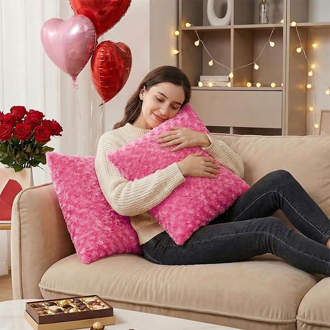 FUTEI Hot Pink Decorative Throw Pillow Covers 18x18 Inch Set of 2,Soft Solid Rose Swirl Textured Cushion Case,Valentine's Day Decor for Couch Living Room