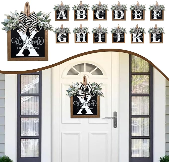 Ultra Large 14'' Last Name All Year Round Front Door Wreath with 26 Initial Letter Welcome Sign All Seasons Eucalyptus Garland and Bow Wreaths for Front Door Porch Farmhouse Decoration (X)