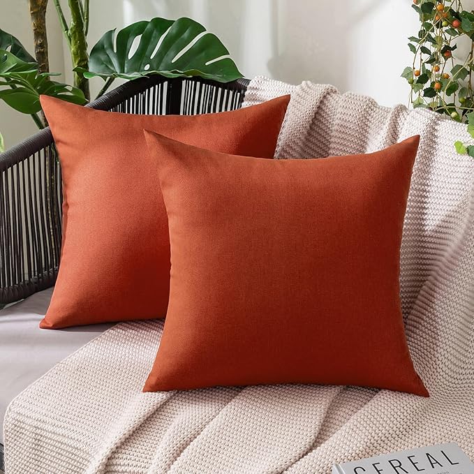 MIULEE Pack of 2 Decorative Outdoor Solid Waterproof Throw Pillow Covers Euro Sham Faux Linen Garden Farmhouse Cushion Cases for Summer Patio Tent Balcony Couch Sofa 22x22 Inch Burnt Orange