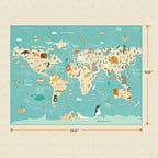 Huge Kids Rugs for Playroom Décor - 9x12 Boho Pastel Classroom Décor for Children Play, Washable Ultra Soft World Map Carpet with Blue Ocean, Continents & Cute Animals