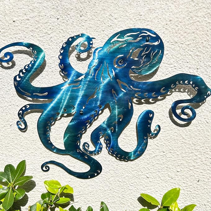 LiveInUrban Coastal Wall Art Octopus Metal Wall Sculptures, Ocean Beach Themed Metal Hanging Home Decoration 15.7"x11.1"