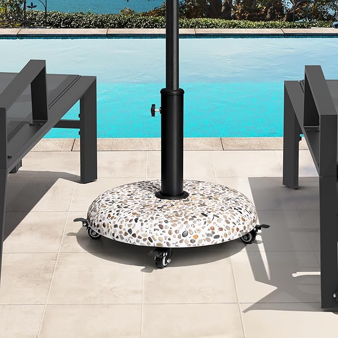 Crestlive Products 45lbs Umbrella Base with Wheels, Patio Umbrella Stand Heavy Duty, Round Cobble Cement Market Umbrella Base for Outdoor, Deck, Lawn, Garden(Cobblestone)
