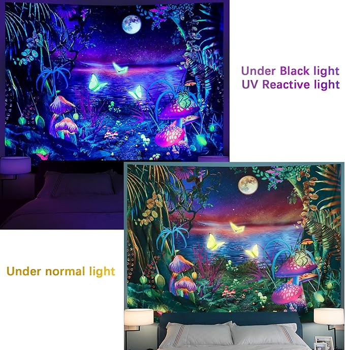 Serborlur Blacklight Fantasy Forest Moon Tapestry UV Reactive Butterfly Galaxy Space Tapestries Wall Hanging Aesthetic Starry Night Backdrop for Bedroom Living Room Decor (51.2 × 59.1 inches)