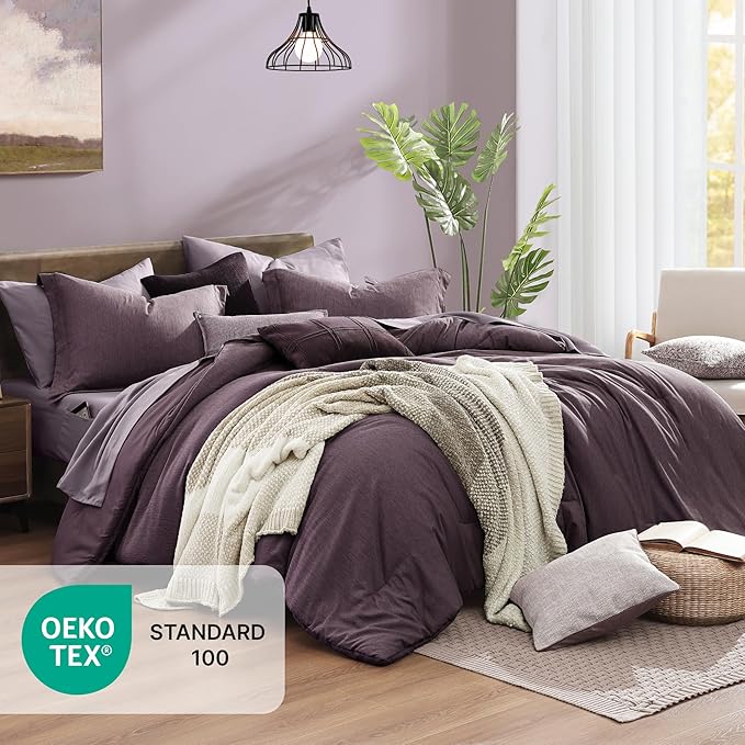 Monbix Super King Plus Comforter Set, Italian Plum Cationic Dyeing Bedding Set Reversible, Bed in a Bag 7 Pieces with Comforter, Sheets, Pillowcases & Shams