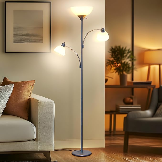 Brightech Sky Dome Double LED Floor lamp, Torchiere Super Bright Floor Lamp with 2 Reading Lamps for Living Rooms & Offices - Dimmable Tall Standing Lamp for Bedroom Reading - Tall Silver Pole