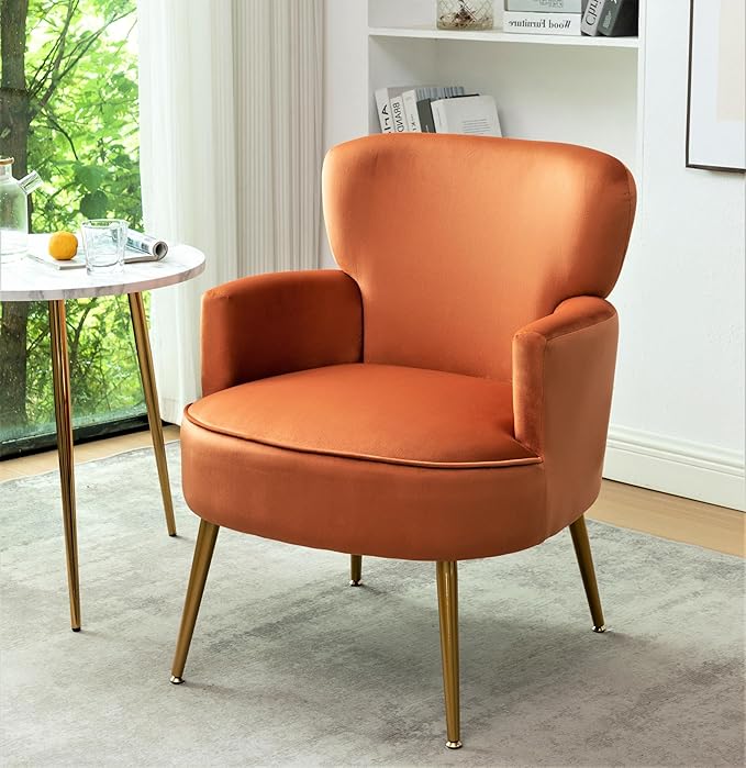 Trendy Velvet Accent Chair with Gold Metal Legs, Upholstered Armchair for Small to Mid-Size Spaces, Modern Living Room, Bedroom, Vanity Desk and Entryway, Red Orange