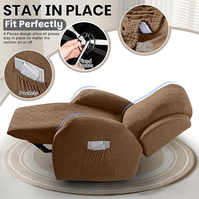 VANSOFY Oversized Recliner Chair Covers, 4-Pieces Stretch Recliner Cover Jacquard Soft Reclining Chair Slipcover Furniture Protector with Elastic Bottom for Lazy Boy Recliner(Light Coffee)