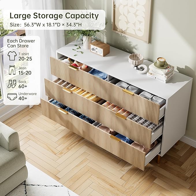 GarveeHome Dresser for Bedroom, Modern Chest of Drawers with Large Drawer, 6 Drawer Dresser with Gold Handles, Wood Storage Cabinet Organizer for Living Room, Hallway, Entryway, Natural