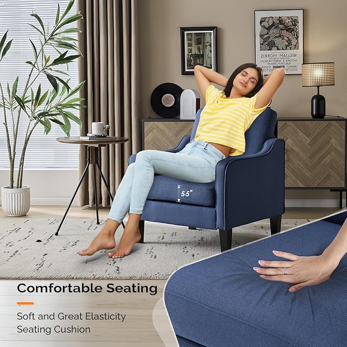 VINGLI Mid century Modern Accent Chair,Navy Blue Fabric Accent Chairs for Living Room Upholstered Armchair with Scooped Arms for Bedroom,Apartment,Studio,Office,Waiting Room