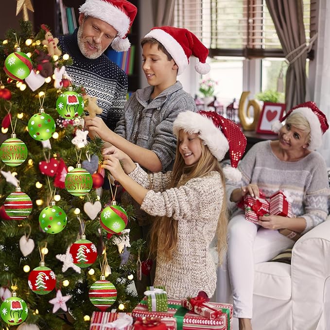 Christmas Tree Decorations Ornaments Set, 2.4 Inch 12PCS Christmas Balls Decor Grinchs Style, Glittering Shatterproof Hanging Bulbs Xmas Decorations for Indoor Home Office (Red Green)