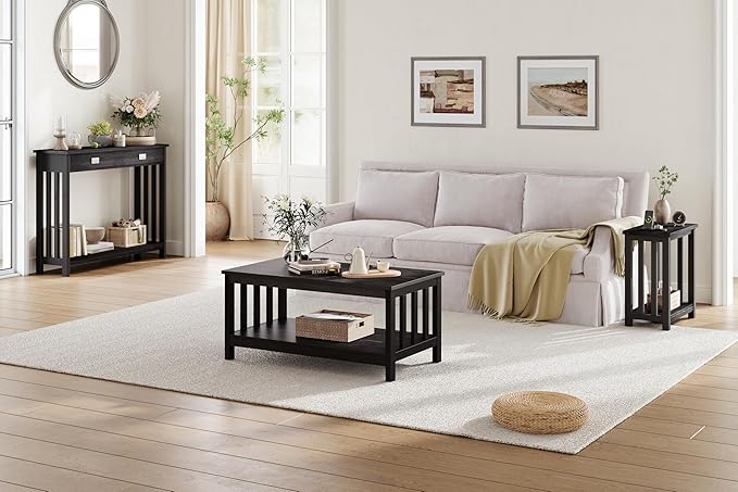 ChooChoo Mission Coffee Table, Black Wood Living Room Table with Shelf, 40 Black