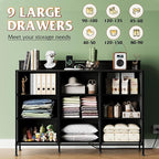 WLIVE Black Dresser TV Stand for 45, 50, 55 inch TV, Entertainment Center with LED Lights & Charging Station, Chest of drawers with 9 Fabric Drawers and Open Shelves for Living Room, Hallway, Wood Top