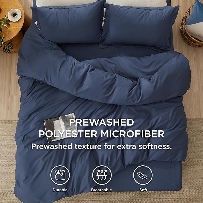Bedsure Duvet Cover Queen Size with Fitted Sheet - 4 Pieces Prewashed Polyester Extra Soft Bedding Set, Includes 1 Duvet Cover 90x90 Inches with Zipper Closure, 2 Pillow Shams, 1 Fitted Sheet, Navy