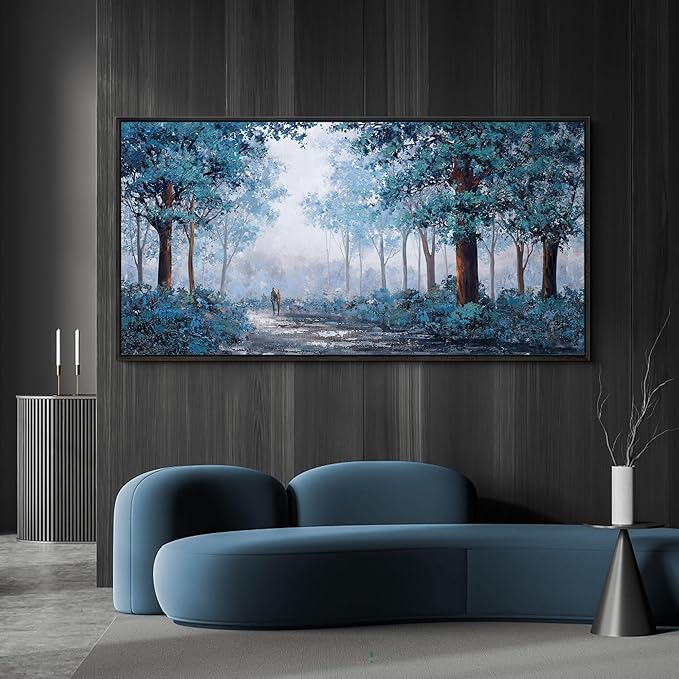 KLAKLA Framed Navy Blue Wall Art - Large Wall Art - Multi-layered Paint Overlay Effect Blue Leaves Plant Forest Picture Artwork Living Room Bedroom Wall Decor
