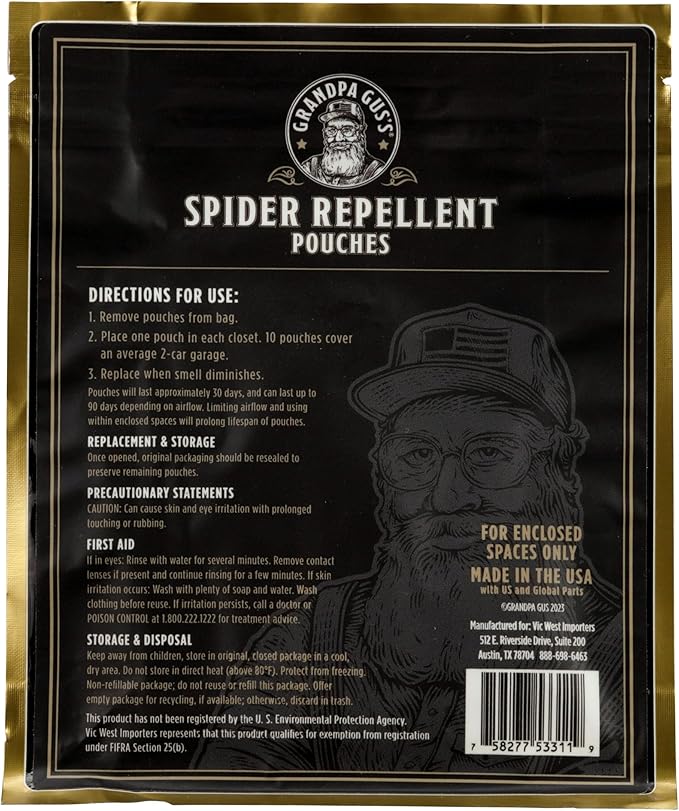 Grandpa Gus's Natural Spider Repellent Pouches, Spider Deterrent with Peppermint and Lemongrass Oil, Indoor Pest Control for Closet, Basement, Cabin, Shed, RV & Garage, 8.8 oz Each (10 Pouches)