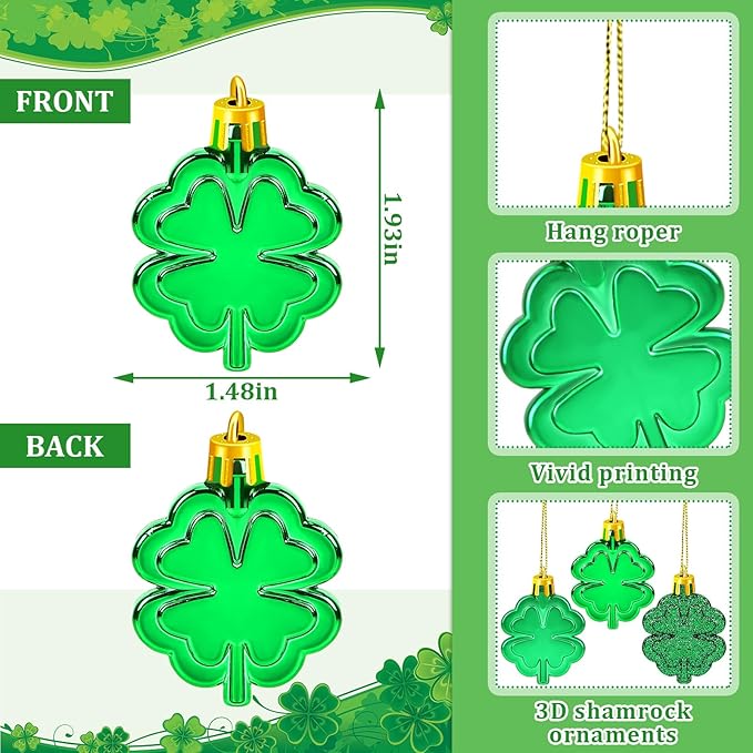 JULMELON 24 PCS St Patricks Day Four Leaf Clover Ornaments for Tree, Mini Green Lucky Four Leaf Shamrock Hanging Irish Saint Patricks Day Tree Decorations for Home Kitchen Party Decor