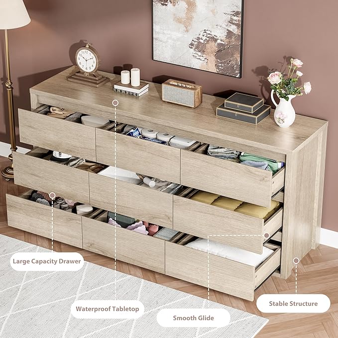 GarveeHome 9 Drawer Dresser for Bedroom, Wide Modern Chest of Drawers, Large Wood Dresser Wooden Storage Organizer for Living Room, Hallway Entryway