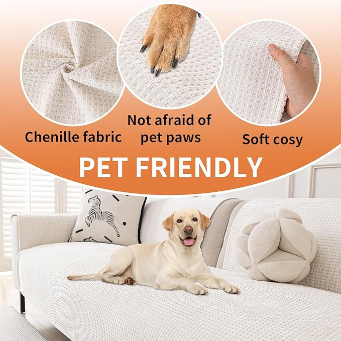 HAOMAIJIA Pet Couch Covers for Sofa Waterproof Couch Cover for Dogs Chenille Non Slip Sofa Covers Washable for 3 Cushion Couch Furniture Protector (Cream White, 36.5" x 82" 1 Pack)