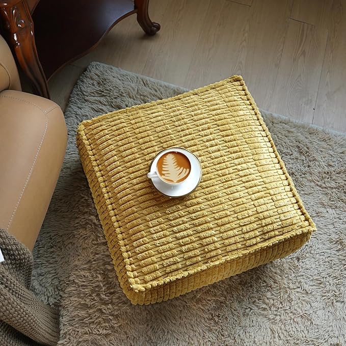 Unstuffed Pouf Ottoman Cover Soft Storage Extra Seat Farmhouse Comfortable Bohemian Poufs Accent Footrest 20x20x8 Inches for Living Room Bedroom Study Nook (Yellow, Square)