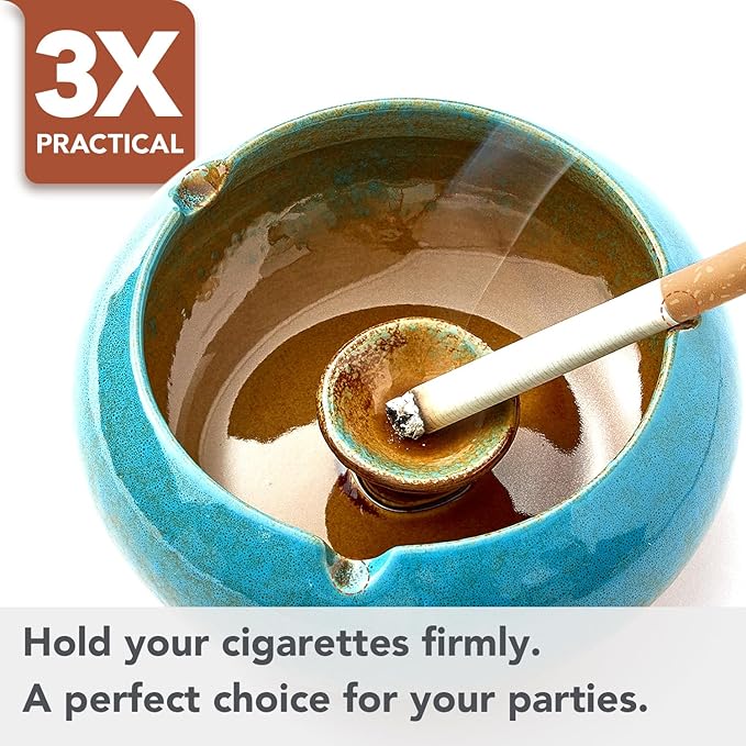 Ashtray with Lid for Outside Patio, Windproof Ash tray, Ceramic Smokeless Ashtray for Outdoor Home Office Tabletop Patio Outdoor Balcony, Blue