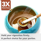 Ashtray with Lid for Outside Patio, Windproof Ash tray, Ceramic Smokeless Ashtray for Outdoor Home Office Tabletop Patio Outdoor Balcony, Blue