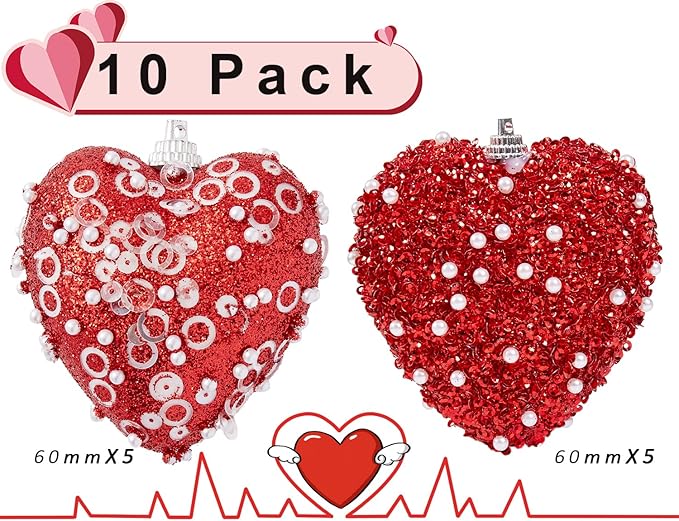 Red Valentine's Day Heart Ornaments 10Pcs Glitter Sequin Heart Shaped Baubles Decoration Valentines Pearl Foam Hanging Decor(2.36in)
