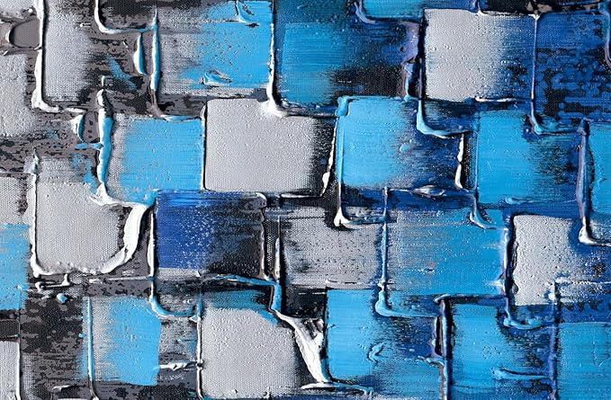 Textured Abstract Squares Canvas Wall Art Modern Dark Blue and Silver Oil Painting 100% Hand Painted 3D Effect Artwork Frame Ready to Hang Decor for Home and Office 40x20inch
