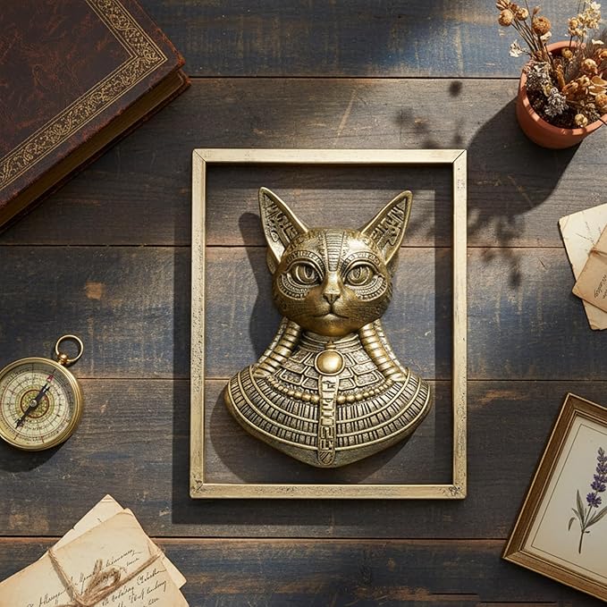 JJALIGHTS Animal Heads Wall Decor Bastet Resin Sculptures Bast the Cat-headed Goddess Wall Hanging Decoration Imitation Copper vintage Goddess of Cats Wall Sculpture for Living Room Bedroom Office