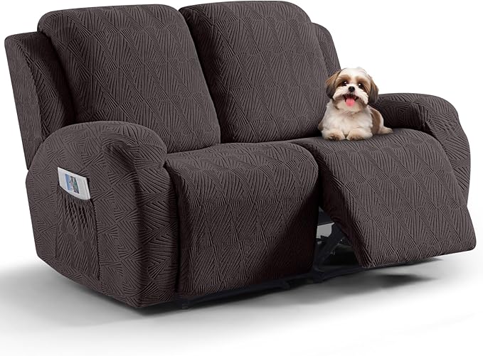 VANSOFY Recliner Loveseat Cover, 6-Pieces Stretch Dual Recliner Sofa Cover Soft Jacquard Reclining Couch Slipcover Furniture Protector with Elastic Bottom for Kid, Pets(2 Seat,Chocolate)
