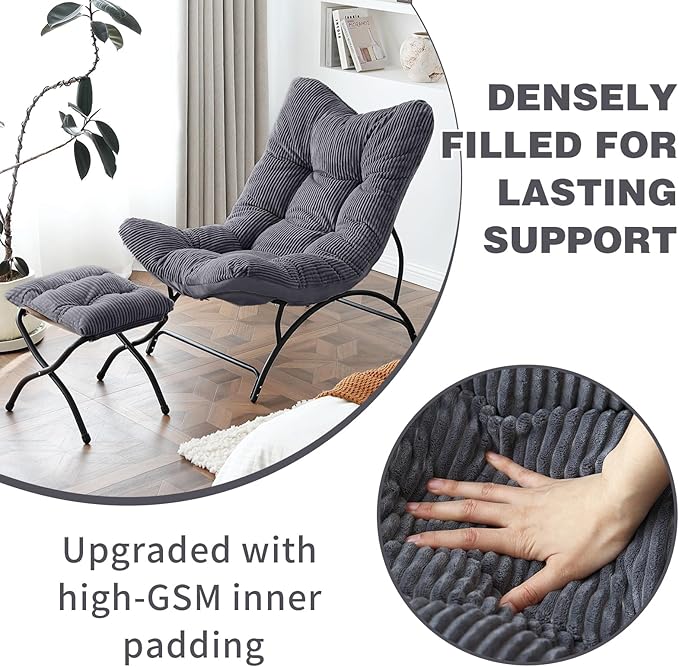 Welnow Modern Accent Chair with Ottoman, Upholstered Comfy Lounge Recliner Sofa, Thick Cushion Oversized Lazy Reading Chair with Footrest for Living Room, Bedroom, Apartment, Office, Dorm, Dark Grey