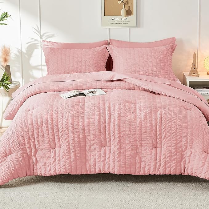 HYMOKEGE Rose Pink Full Size Comforter Sets Seersucker 7 Pieces, All Season Luxury Bed in a Bag for Bedroom, Bedding Set with Comforter, Sheets, Pillowcases & Shams
