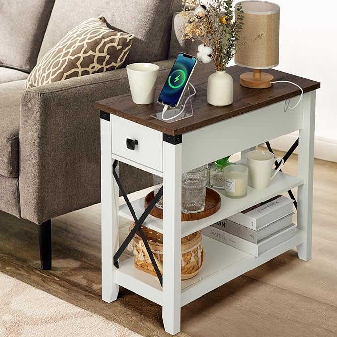 Narrow End Table with Charging Station - Farmhouse Slim Side Table Set of 2, w/USB Ports Power Outlets, Nightstand w/Flip Top Storage Drawer, for Small Spaces Living Room Bedroom, Brown White