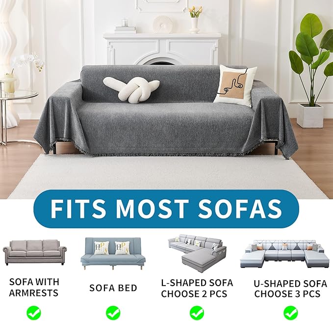 HAOMAIJIA Chenille Couch Cover Sofa Covers for 1 Cushion Couch Washable sectional Couch Covers for Dogs pet Furniture Protector Couch Cover Blanket for Living Room (Grey, 71"x91")