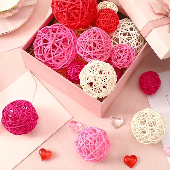 SANNIX 16 Pcs Valentine's Day Rattan Balls for Bowls,Pink and Red Decorative Balls Decor for Wedding Home Table Vase Decorations