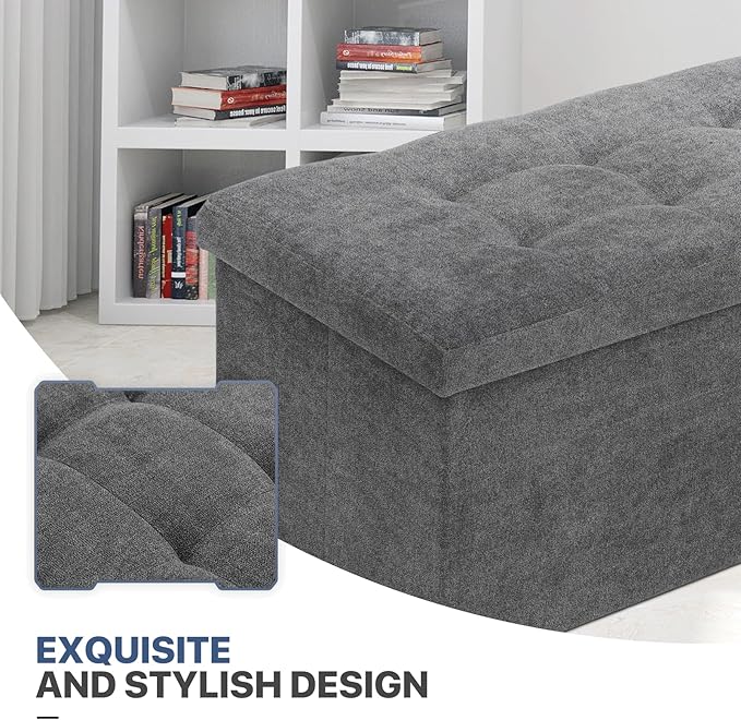 MoNiBloom 30 Inches Storage Ottoman Bench, Rectangle End of Bed Bench, Storage Padded Seat, Linen Fabric Ottoman Footrest for Living Room, Bedroom, Entryway, Dark Gray